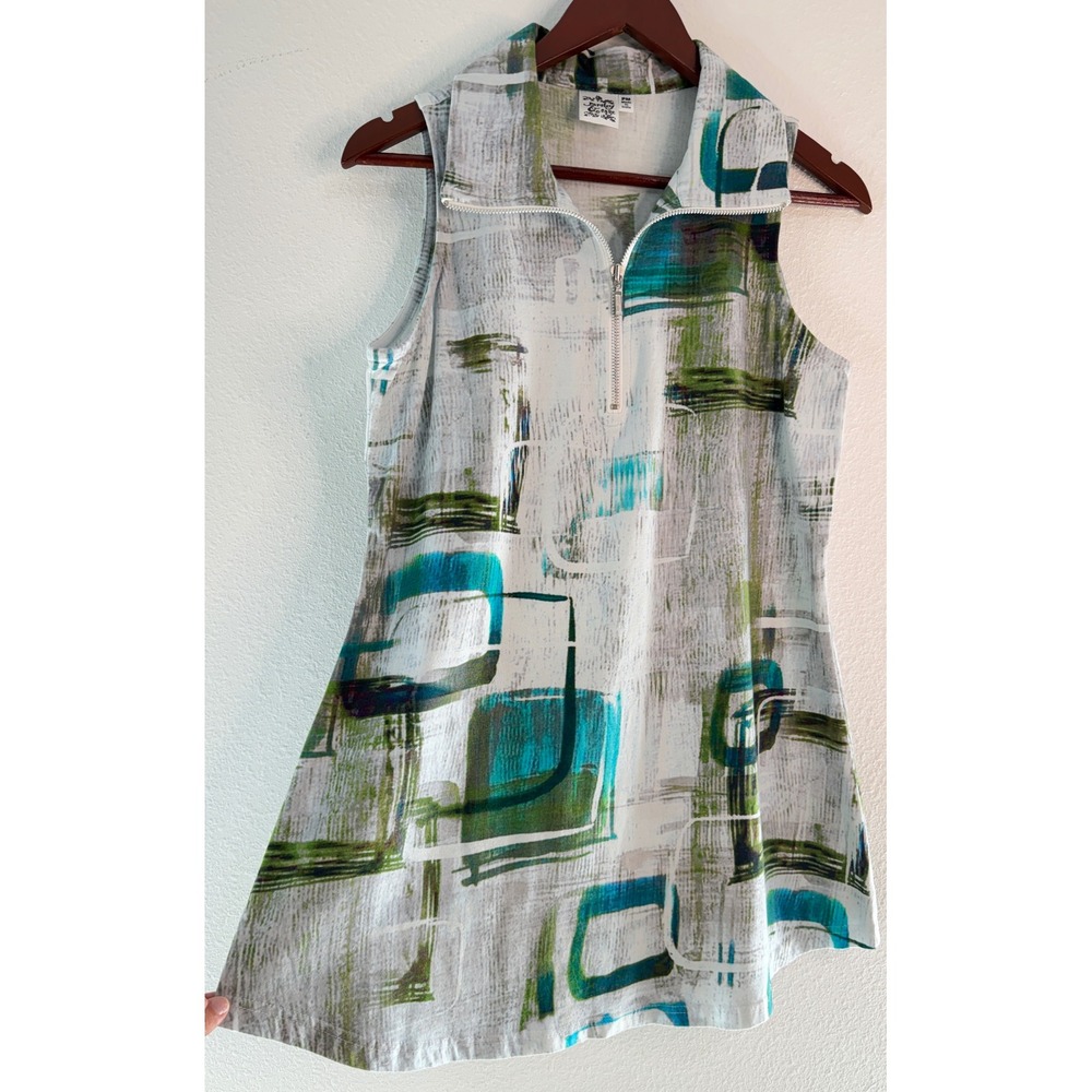 Parsley & Sage Abstract Artsy Sleeveless Tunic Tank 1/4th Zip Collar Relaxed Fit